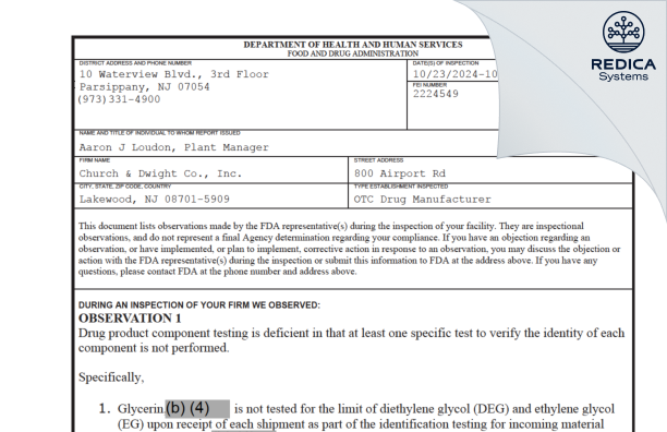 FDA 483 - Church & Dwight Co., Inc. [Lakewood / United States of America] - Download PDF - Redica Systems