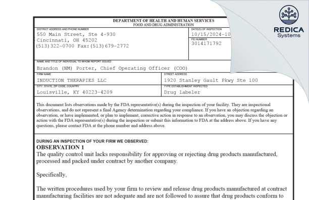 FDA 483 - Induction Therapies, LLC [Louisville / United States of America] - Download PDF - Redica Systems