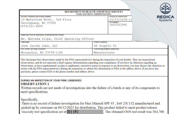 FDA 483 - June Jacobs Labs, LLC [Moonachie / United States of America] - Download PDF - Redica Systems