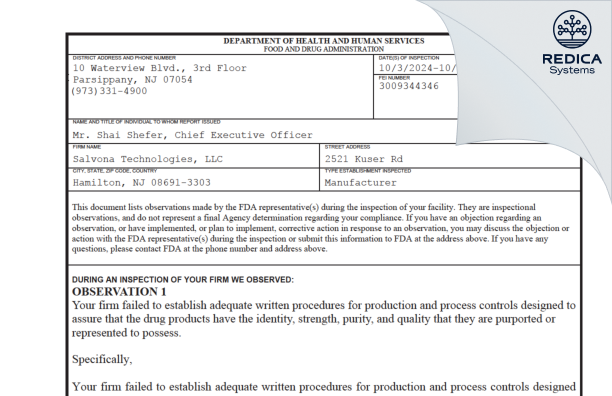 FDA 483 - SALVONA TECHNOLOGIES LLC [Robbinsville / United States of America] - Download PDF - Redica Systems