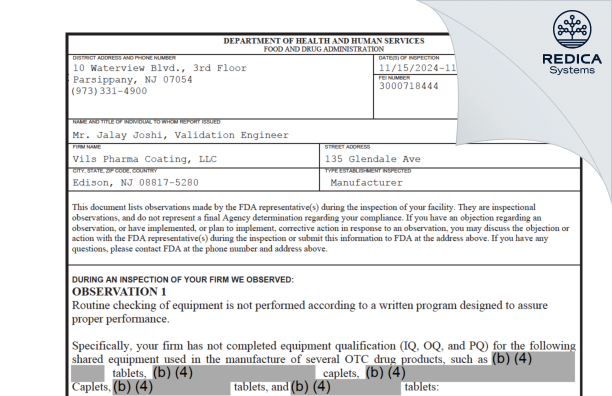 FDA 483 - VILS Pharma Coating LLC [Edison / United States of America] - Download PDF - Redica Systems