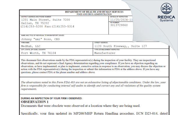 FDA 483 - MEDHAB [San Angelo / United States of America] - Download PDF - Redica Systems