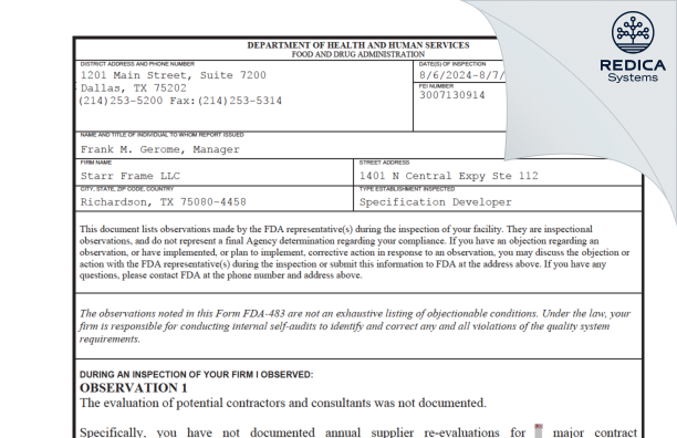 FDA 483 - Starr Frame LLC [Richardson / United States of America] - Download PDF - Redica Systems