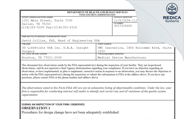 FDA 483 - Insight Surgery Houston [Houston / United States of America] - Download PDF - Redica Systems