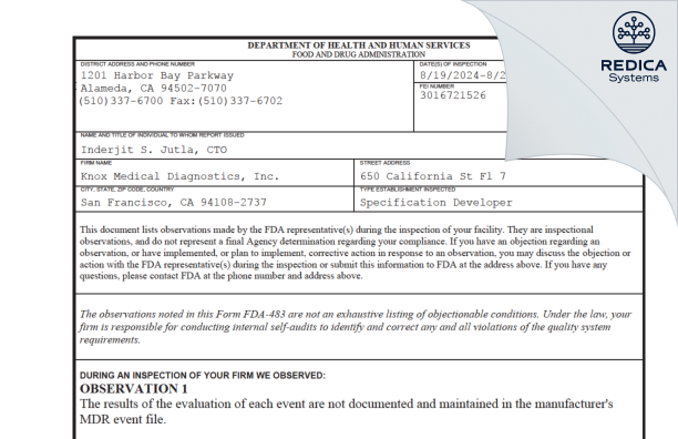 FDA 483 - Knox Medical Diagnostics, Inc. [San Francisco / United States of America] - Download PDF - Redica Systems