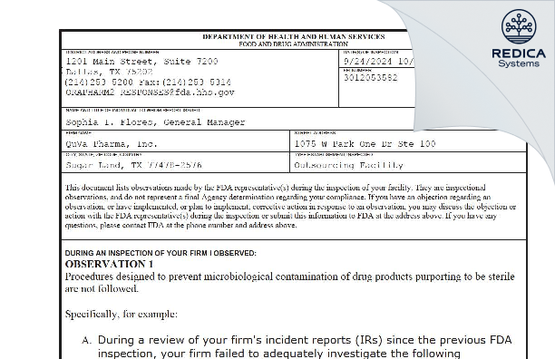 FDA 483 - QuVa Pharma, Inc. [Sugar Land / United States of America] - Download PDF - Redica Systems