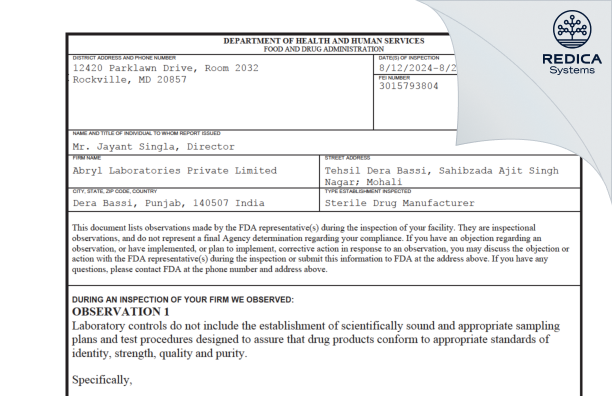 FDA 483 - ABRYL LABORATORIES PRIVATE LIMITED [Derabassi Sub-District / India] - Download PDF - Redica Systems