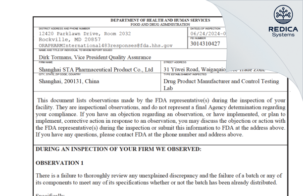 FDA 483 - Shanghai STA Pharmaceutical Product Co., Ltd (Building 7) [Shanghai / China] - Download PDF - Redica Systems