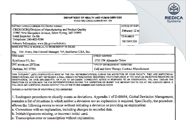 FDA 483 - Resilience US, Inc. [Durham / United States of America] - Download PDF - Redica Systems