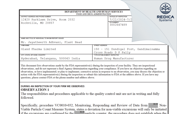 FDA 483 - Gland Pharma Limited [Hyderabad / India] - Download PDF - Redica Systems