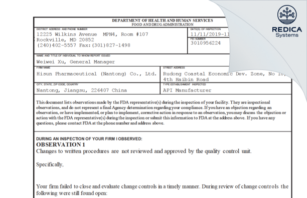 FDA 483 - Hisun Pharmaceutical (Nantong) Co., Ltd. [Nantong / China] - Download PDF - Redica Systems