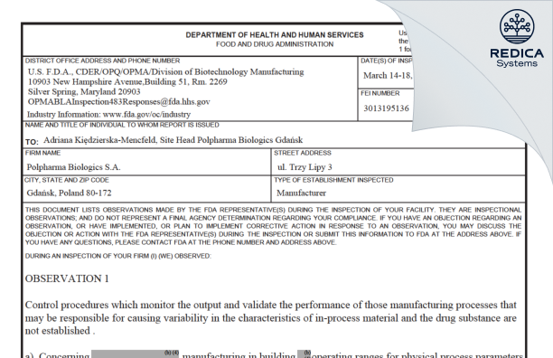 FDA 483 - Polpharma Biologics S.A. [Gdansk / Poland] - Download PDF - Redica Systems