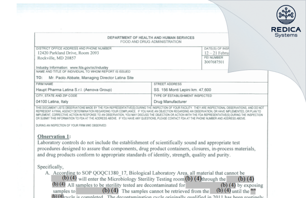 FDA 483 - Haupt Pharma Latina S.r.l. [Latina / Italy] - Download PDF - Redica Systems