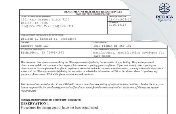 FDA 483 - Liberty Mask LLC [Richardson / United States of America] - Download PDF - Redica Systems