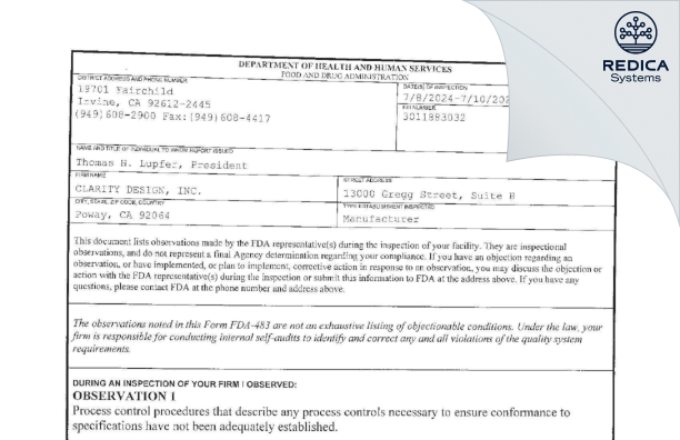 FDA 483 - CLARITY DESIGN, INC. [San Diego / United States of America] - Download PDF - Redica Systems