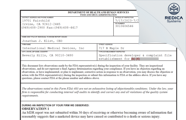 FDA 483 - International Medical Devices, Inc [Beverly Hills / United States of America] - Download PDF - Redica Systems