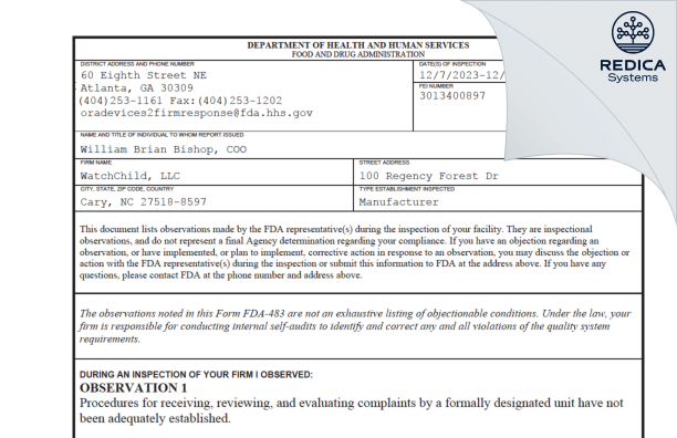 FDA 483 - WatchChild, LLC [Cary / United States of America] - Download PDF - Redica Systems