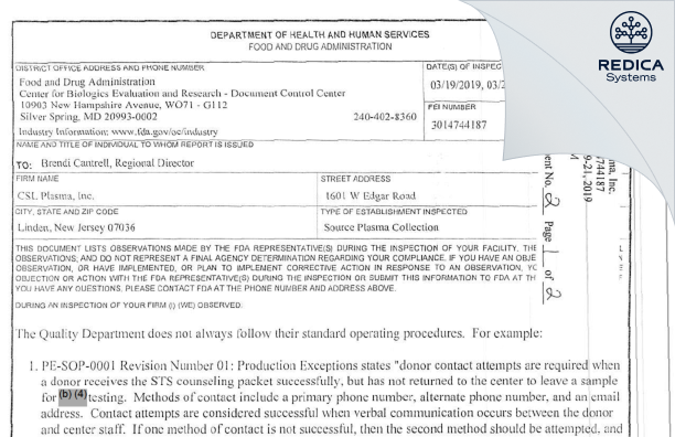 FDA 483 - CSL Plasma Inc. [Edison / United States of America] - Download PDF - Redica Systems