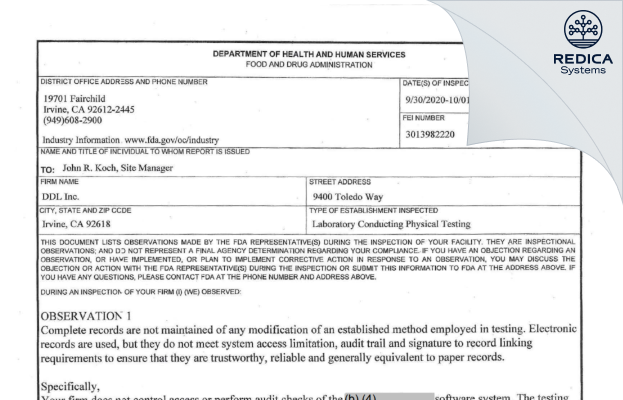 FDA 483 - DDL Inc. [Irvine / United States of America] - Download PDF - Redica Systems