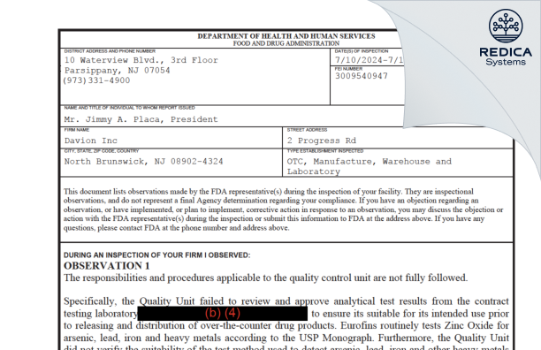 FDA 483 - Davion, Inc [North Brunswick / United States of America] - Download PDF - Redica Systems