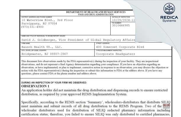 FDA 483 - Bausch Health Companies, Inc. [Bridgewater / United States of America] - Download PDF - Redica Systems