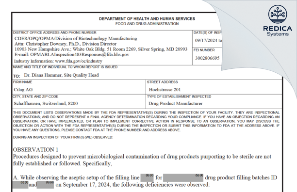 FDA 483 - Cilag AG [Schaffhausen / Switzerland] - Download PDF - Redica Systems