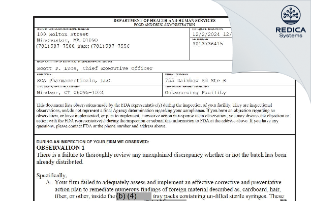 FDA 483 - SCA Pharmaceuticals, LLC [Windsor / United States of America] - Download PDF - Redica Systems