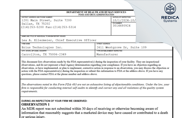 FDA 483 - BRIUS Technologies Inc. [Carrollton / United States of America] - Download PDF - Redica Systems