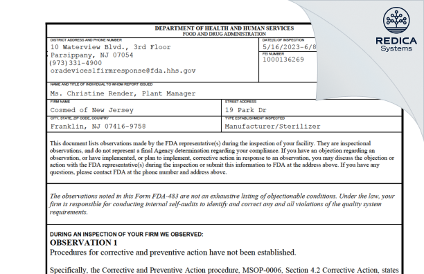 FDA 483 - Cosmed of New Jersey [Franklin / United States of America] - Download PDF - Redica Systems