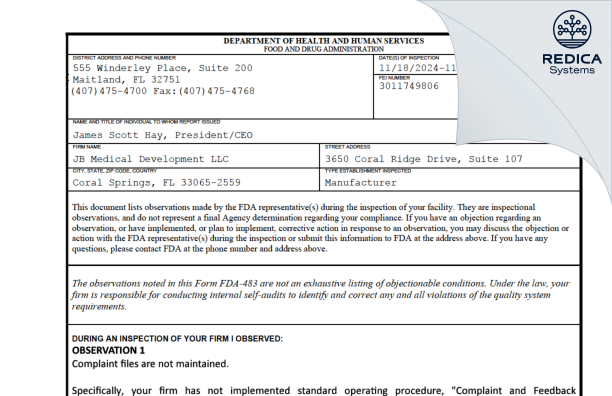 FDA 483 - JB MEDICAL DEVELOPMENT, LLC [Coral Springs / United States of America] - Download PDF - Redica Systems