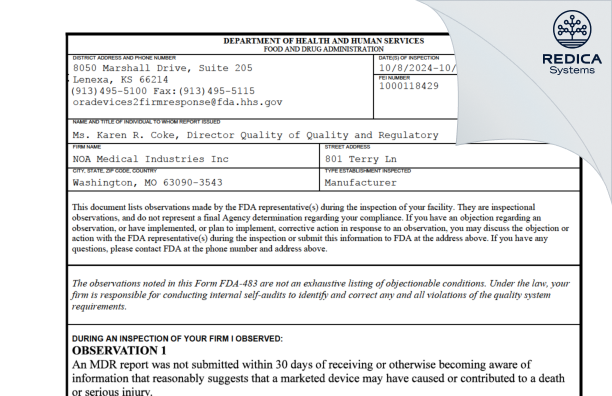 FDA 483 - NOA Medical Industries Inc [Washington / United States of America] - Download PDF - Redica Systems