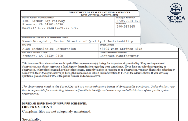 FDA 483 - ALOM TECHNOLOGIES CORPORATION [Fremont / United States of America] - Download PDF - Redica Systems