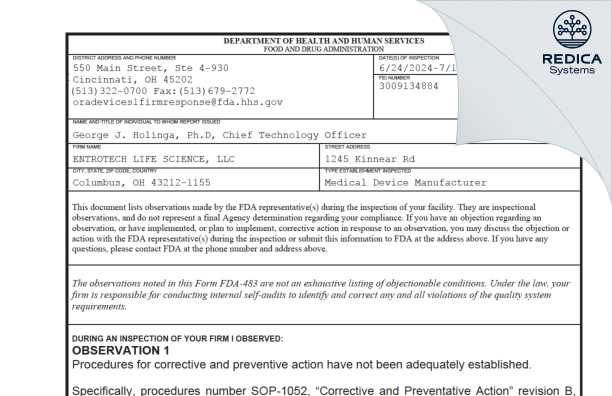 FDA 483 - ENTROTECH LIFE SCIENCE, LLC [Columbus / United States of America] - Download PDF - Redica Systems