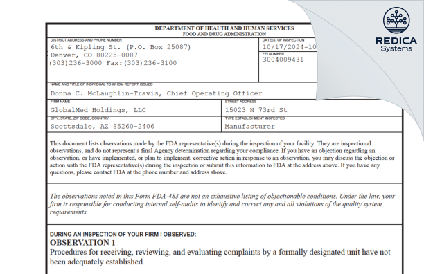 FDA 483 - Globalmedia Group, LLC [Scottsdale / United States of America] - Download PDF - Redica Systems