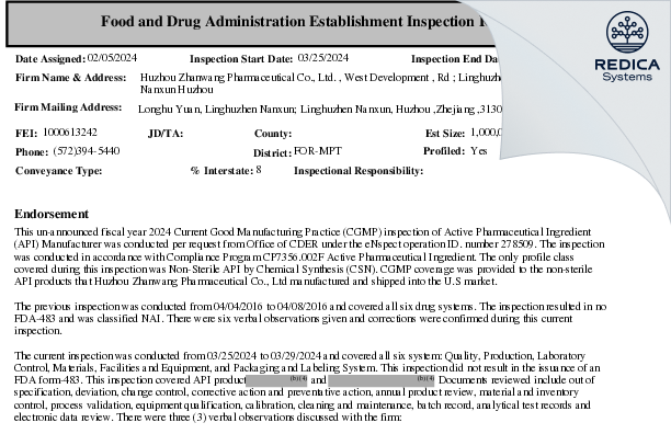 EIR - Huzhou Zhanwang Pharmaceutical Co., Ltd. [Huzhou / China] - Download PDF - Redica Systems