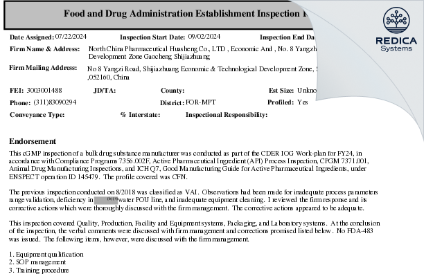 EIR - North China Pharmaceutical Huasheng Co Ltd [Shijiazhuang / China] - Download PDF - Redica Systems