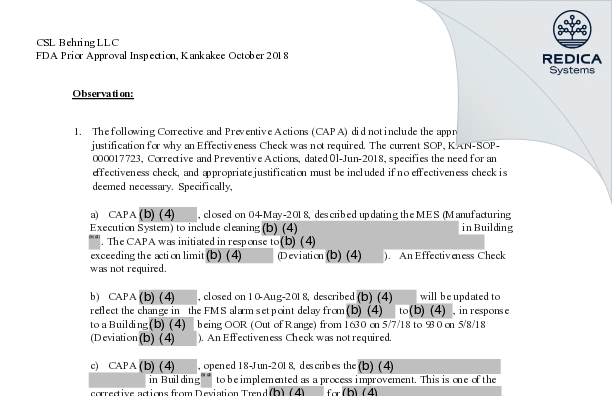 FDA 483 Response - CSL Behring L.L.C. [Bradley / United States of America] - Download PDF - Redica Systems