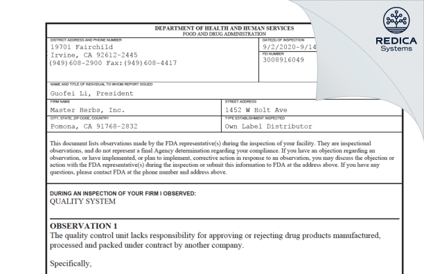 FDA 483 - Master Herbs, Inc. [Pomona / United States of America] - Download PDF - Redica Systems