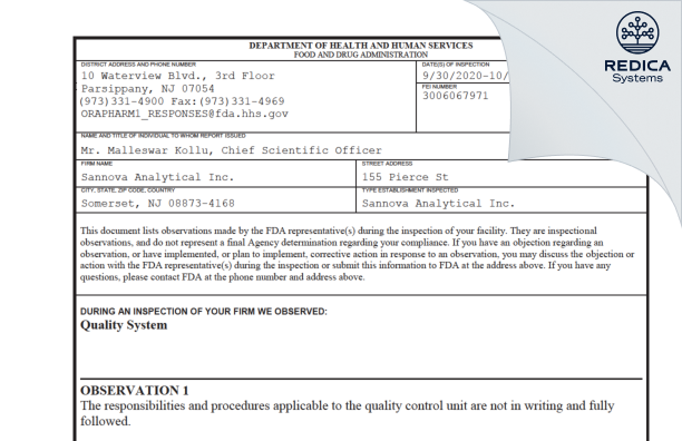 FDA 483 - Sannova Analytical LLC [Somerset / United States of America] - Download PDF - Redica Systems