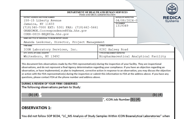 FDA 483 - ICON Development Solutions, LLC [Whitesboro / United States of America] - Download PDF - Redica Systems