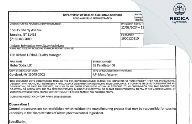 FDA 483 - Huber Soda, LLC (DBA Natrium Products) [Cortland / United States of America] - Download PDF - Redica Systems