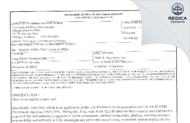 FDA 483 - LONG GROVE PHARMACEUTICALS [Rosemont / United States of America] - Download PDF - Redica Systems