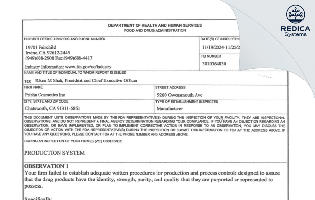 FDA 483 - Prisha Cosmetics, Inc. [Chatsworth / United States of America] - Download PDF - Redica Systems