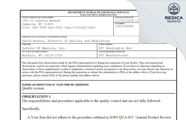 FDA 483 - Safetec of America Inc. [Buffalo / United States of America] - Download PDF - Redica Systems