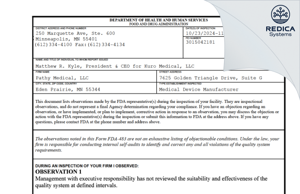 FDA 483 - Pathy Medical, LLC [Shelton / United States of America] - Download PDF - Redica Systems