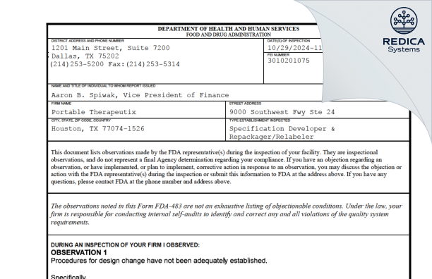 FDA 483 - Portable Therapeutix [Stafford / United States of America] - Download PDF - Redica Systems