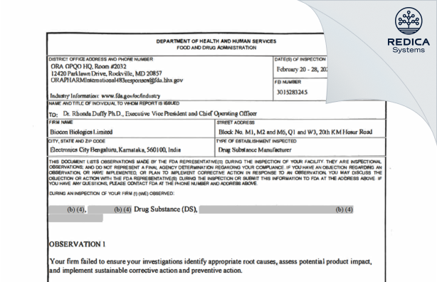 FDA 483 - Biocon Biologics Limited [Bengaluru / India] - Download PDF - Redica Systems