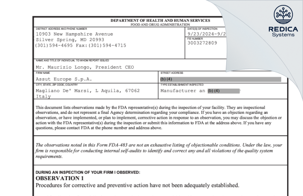 FDA 483 - Assut Europe S.p.A. [Magliano De' Marsi / Italy] - Download PDF - Redica Systems