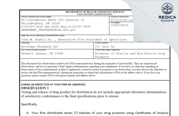 FDA 483 - Boothwyn Pharmacy LLC [Kennett Square / United States of America] - Download PDF - Redica Systems