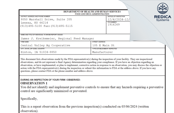 FDA 483 - Central Valley Ag Cooperative [Hinton / United States of America] - Download PDF - Redica Systems